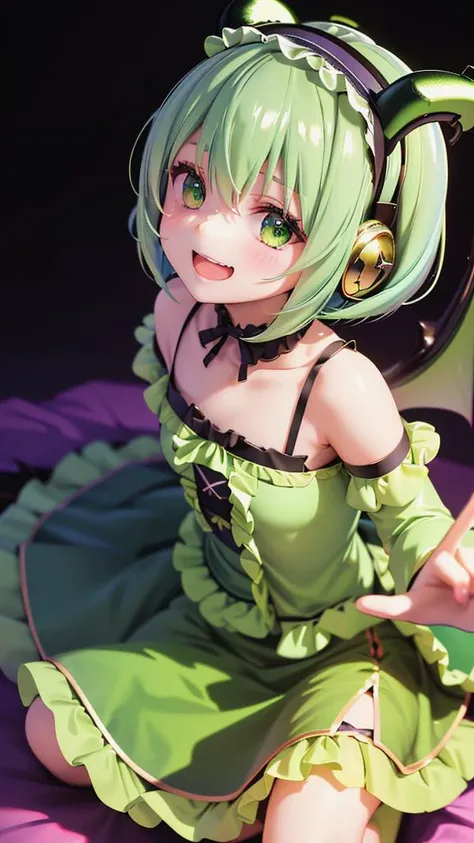 one cute girl,solo,short stature,(green eyes,green hair,medium short hair),Hair bounced to the side,hair intake,hair between eyes,beautiful chest,flat chest,
((green dress,green long skirt,hairband,frills,wing,demon horns)),
((from above,skirt lift)),
(smile,abandonment face,grin,delighted:1.1,open mouth),cinematic lighting,(shiny skin),high resolution,
(night bedroom background),sense of depth,4k,absurdres,dynamic pose,dynamic angle,best quality,masterpiece,Detailed illustration,Destructive art,opulent, <lora:PADastaroth:0.8>