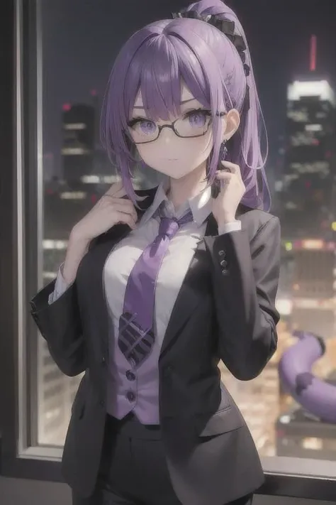 (masterpiece, best quality, perfect face, perfect eyes, detailed face, snake eyes:1.3), woman, snake lady, purple hair, neat hair, ponytail, purple gray eyes, (business suit, black suit, light purple shirt:1.2), purple tie, menacing, glasses, black gloves, (single earring, tassel earring, single tassel, purple tassel:1.2), office, windows, nightscape, night, city lights, skyscrapers, tilted head,