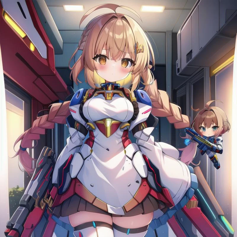 <lora:mecha_girls:1>, masterpiece, highres, 1girl, robot, mecha, science fiction, mechanization, autobot, glowing, pilot suit, weapon, gun, full body, chibi inset, wholesome, family friendly, (braid:1.3), short hair, mecha musume,