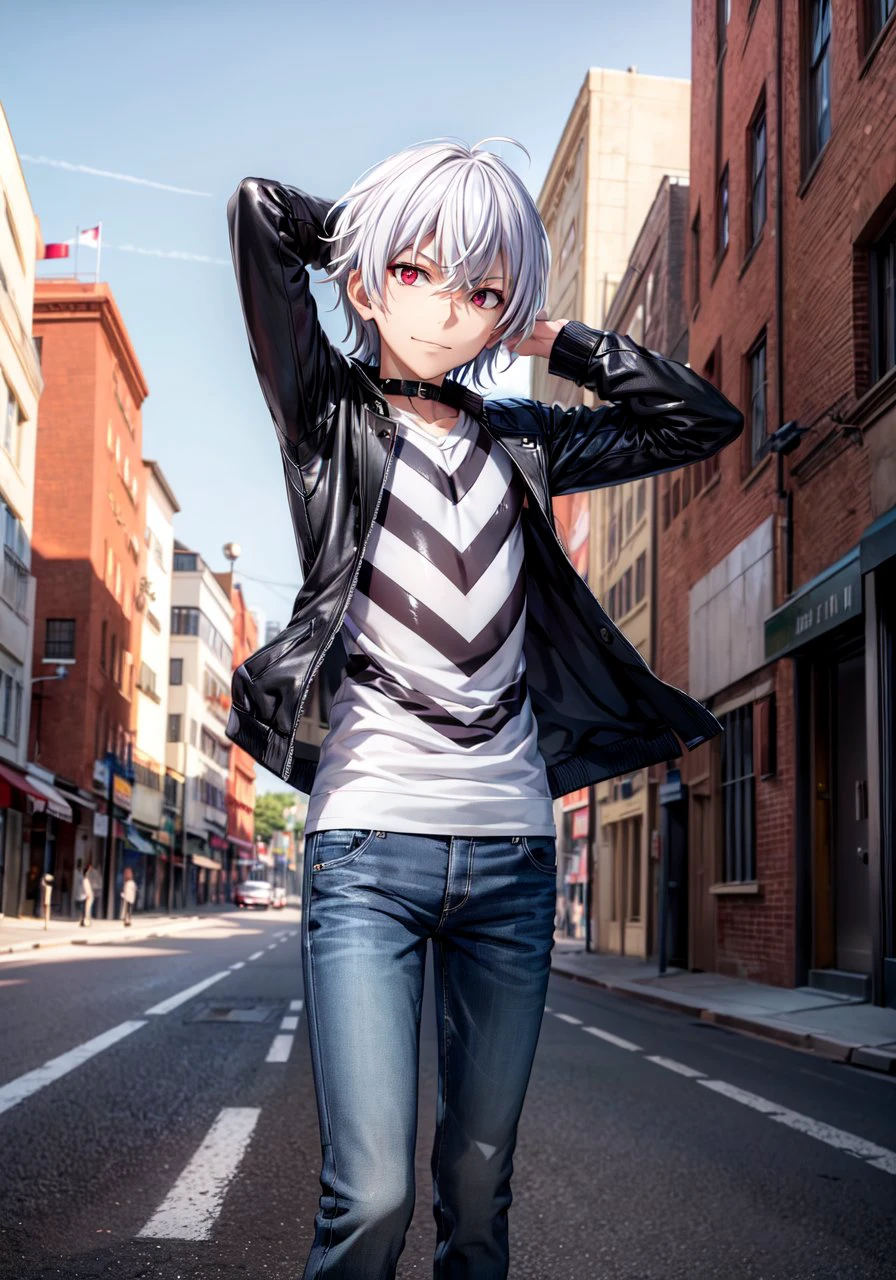 ((masterpiece)),((best quality)),((ultra-detailed)),((illustration)),8K quality,day,street,city,path,
pha Accelerator,1boy,red eyes,accelerator (Toaru Majutsu no index),constricted pupils,white hair,solo,albino,short hair,hair between eyes,
(leather_jacket),(black shirt),(striped shirt),(striped),pants,(evil smile),arm_behind_head,looking_at_viewer,<lora:accelerator-v1-ph_16:0.7>,<lora:add_detail:1>,