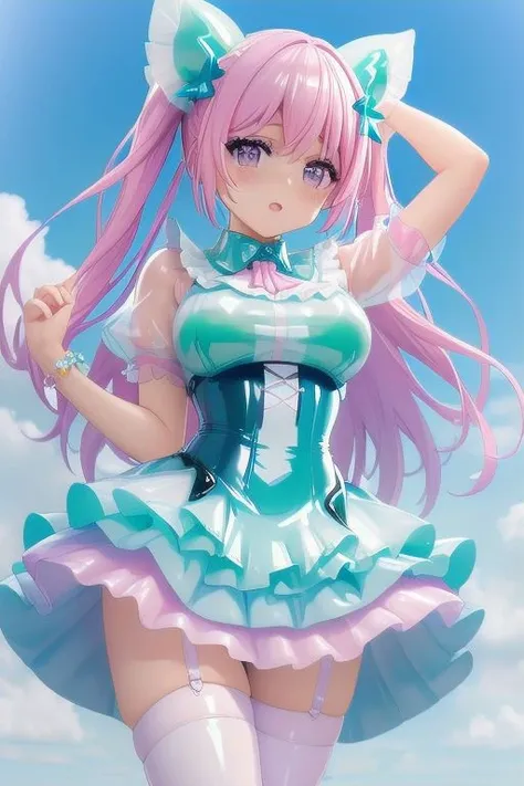 (latex pastel theme:1.3), masterpiece, best quality, professional detailed photo of (beautiful woman) wearing (pastel latex sweet dress, multilayered dress:1.2), (extremely wrinkled glossy latex fabric:1.3), (perfect face, beautiful face, symmetric face), (glossy lips, eyeshadow, mascara:1.2), (frills and lace:1.1), (pastel stockings:1.1),