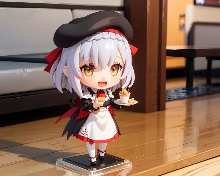 <lora:Noelle-v7.8:0.5:0.8>6+girls, chibi, kfc costume, beret, holding tray of food, smile, open mouth, (3d, character doll, figure, kotobukiya)