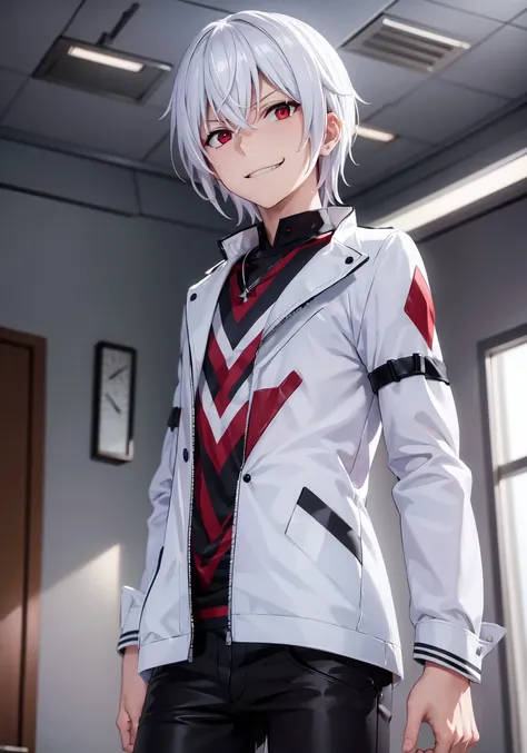(masterpiece),(best quality),(ultra-detailed),(illustration),8K quality,laboratory,day,
pha Accelerator,1boy,red eyes,accelerator (Toaru Majutsu no index),constricted pupils,white hair,solo,albino,short hair,hair between eyes,
(leather_jacket),(black shirt),(striped shirt),(striped),pants,(((evil smile))),looking_at_viewer,<lora:accelerator-v1-ph_16:0.7>,