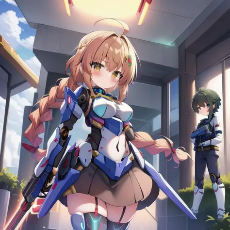 <lora:mecha_girls:1>, masterpiece, highres, 1girl, robot, mecha, science fiction, mechanization, autobot, glowing, pilot suit, weapon, gun, full body, chibi inset, wholesome, family friendly, (braid:1.3), short hair, mecha musume,