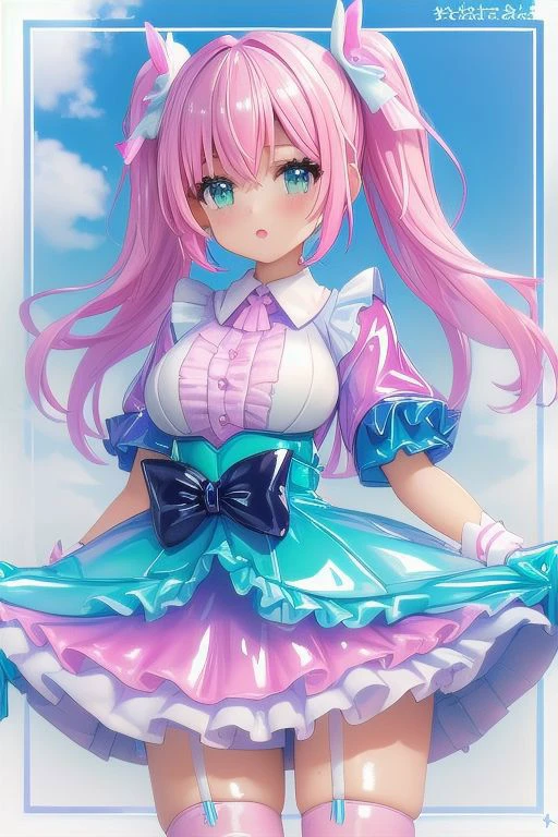 (latex pastel theme:1.3), masterpiece, best quality, professional detailed photo of (beautiful woman) wearing (pastel latex sweet dress, multilayered dress:1.2), (extremely wrinkled glossy latex fabric:1.3), (perfect face, beautiful face, symmetric face), (glossy lips, eyeshadow, mascara:1.2), (frills and lace:1.1), (pastel stockings:1.1),