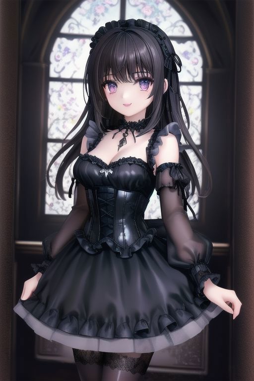 A woman in a black dress standing in front of a window - SeaArt AI