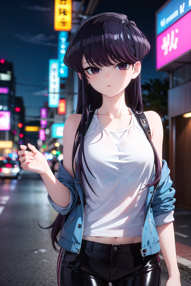 A woman in a white shirt and black pants standing on a street - SeaArt AI