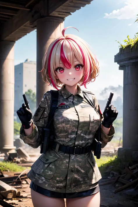 (masterpiece, best quality, detailed), 1girl,
red eyes,reproachful eyes,((jitome:1.2)),short cut,((blonde hair)),pink hair,((streaked hair)),ahoge,beautiful chest,,
((wearing camouflage uniform)),
ruins, overgrown, rubble, pillar, outdoors, building, light rays, fog, grin,peace_sign,gloves ,Better Guns
<lora:more_details:0.5>
