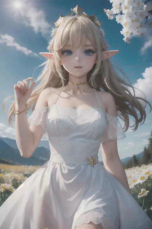 masterpiece, (Best quality:1.2), highres, (scenary:1.2), Dynamic light, 1girl /(elf/), white dress, Tapered dress, (nature, choker), (Light from the depths, Lightened, black scenary), (golden crown, white flowers, White eyelashes, long laces a Bracelet), detailed face, starry,strry light,night,colorful,cloud,star \(sky\), smile, blue eyes /(Hyper detailed/),
