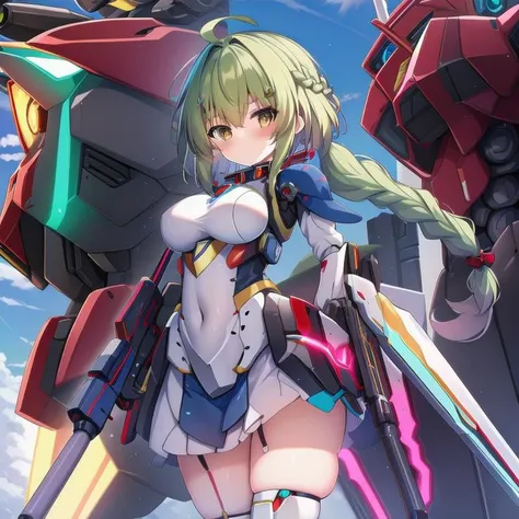 <lora:mecha_girls:1>, masterpiece, highres, 1girl, robot, mecha, science fiction, mechanization, autobot, glowing, pilot suit, weapon, gun, full body, chibi inset, wholesome, family friendly, (braid:1.3), short hair, mecha musume,