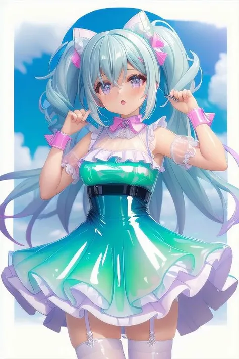 (latex pastel theme:1.3), masterpiece, best quality, professional detailed photo of (beautiful woman) wearing (pastel latex sweet fetish dress, multilayered dress:1.2), (extremely wrinkled glossy latex fabric:1.3), (perfect face, beautiful face, symmetric face), (glossy lips, eyeshadow, mascara:1.2), (frills and lace:1.1), (pastel stockings:1.1),