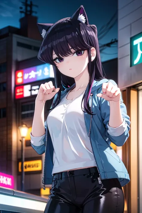 1girl,neon outfit, denim jacket, black shiny pants, tank top, cyberpunk art, upper body, night, neon city, masterpiece, (masterpiece:1.35), looking at viewer, paw pose, cat ears, <lora:Shoko Komi:0.8> sk
