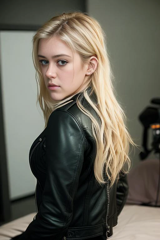 BrookL69 with blonde hair wearing a leather motorcycle jacket and white shirt, 8k, uhd, hdr, RAW candid cinema, woman, studio, 16mm, ((color graded portra 400 film)) ((remarkable color)), (ultra realistic), textured skin, remarkable detailed pupils, ((realistic dull skin noise)), ((visible skin detail)), ((skin fuzz)), (dry skin) shot with cinematic camera
