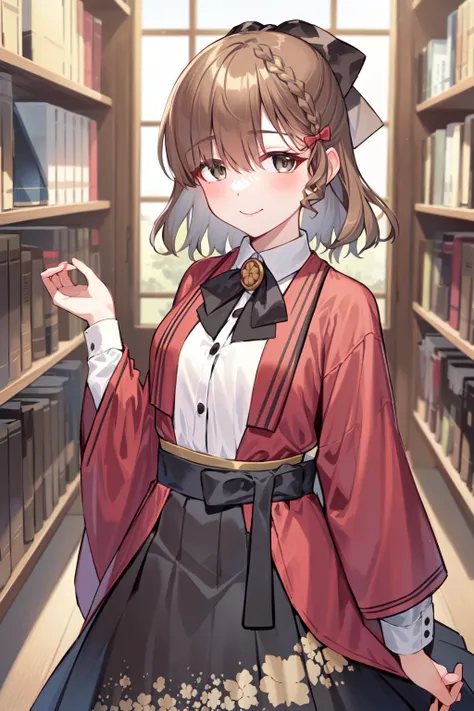 (masterpiece), (best quality), (ultra-detailed), photorealistic, (best illustration), ((an extremely delicate and beautiful)), 1girl, solo, asahi \(kancolle\), hakama skirt, white hair bow, red bow, looking at viewer, white shirt, black hakama, long sleeves, smile, bangs, wide sleeves, blush, red haori, floral print, hair between eyes, day, bookshelf, desk, collared shirt, closed mouth, standing, open clothes, dress shirt, cowboy shot, <lora:Asahi:1>