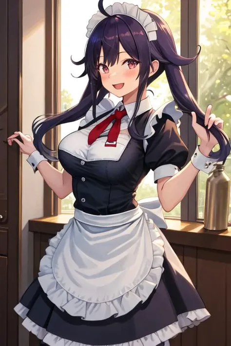 masterpiece, best quality, illustration, highres, ultra-detailed, 1girl, sparkle \(honkai: star rail\), twintails, solo, maid, maid headdress, maid apron, pantyhose, looking at viewer, cowboy shot, bar \(place\), indoors, depth of field, smug, open mouth, hand on hip <lora:Char-HonkaiSR-Sparkle-XL-V1:0.9>