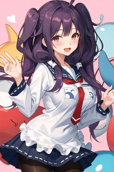 best quality, masterpiece, highres, solo, {taigei_kantaicollection:1.15}, ahoge, purple_hair, long_hair, red_eyes, twintails, low_twintails, blush, hair_flaps, smile, breasts, serafuku, open_mouth, large_breasts, 1girl, looking_at_viewer, school_uniform, whale, black_pantyhose, pantyhose, skirt, magatama
