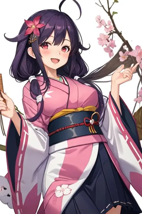 best quality, masterpiece, highres, solo, {taigei_kantaicollection:1.15}, ahoge, purple_hair, long_hair, red_eyes, twintails, low_twintails, blush, hair_flaps, smile, breasts, serafuku, open_mouth, large_breasts, 1girl, flower, hair_flower, hair_ornament, japanese_clothes, kimono, looking_at_viewer, magatama, obi, sash