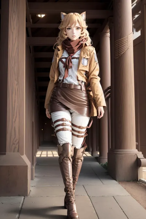 <lora:mikasa:0.8>survey corps \(emblem\), thigh strap, harness,boots, leather skirt,white pants, white shirt,full body, standing, belt, red scarf, open jacket, brown jacket, cropped jacket, <lora:My LORA:0.7> Himeko, very long hair, red eyes, hair bow, twin_drills, twintails, long hair,cat ears, yellow cat ears, (((masterpiece))), (((best quality))), (((illustration))), (((finely detail))), ((extremely detailed cg unity 8k wallpaper, highres)), (beautiful detailed face and eyes and hair:1.1), (an extremely delicate and beautiful girl:1.2), ultra-detailed, ultra high res, high quality, 4K, extreamly delicate and beautiful, full_body, standing, in full growth, hourglass waist