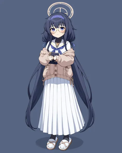ui \(blue archive\),1girl, solo, slippers, holding_book, glasses, halo, long_skirt, cardigan, adjusting_eyewear, white_skirt, looking_at_viewer, eyewear_strap, full_body, pleated_skirt, round_eyewear, necklace, white_serafuku, white_sailor_collar, sweater, long_sleeves, blue_hairband, low_twintails, blush, blue_neckerchief, closed_mouth
<lora:ui_(blue_archive)_image2537_2023-11-28:1>halo. gorgeous,key visual, vibrant, studio anime,award-winning, professional, highly detailed,high budget, cinemascope