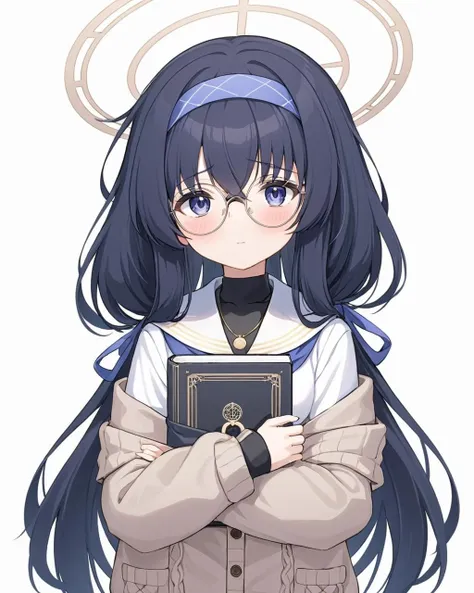 breathtaking,ui \(blue archive\), 1girl, solo, halo, glasses, simple background, white background, looking at viewer, blue hairband, holding book, cardigan, round eyewear, white sailor collar, long sleeves, blush, low twintails, object hug, sweater, eyewear strap, necklace, black undershirt, parted lips, white serafuku, neckerchief
,<lora:Ui_image220_v1-000035:1>
. gorgeous,key visual, vibrant, studio anime,award-winning, professional, highly detailed,high budget, cinemascope