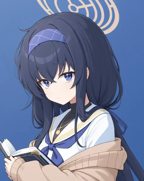 ui \(blue archive\),white_sailor_collar, halo, holding_book, solo_focus, closed_mouth, upper_body, 2girls, simple_background, blue_hairband, long_sleeves, serafuku, two-tone_background, looking_at_viewer, blue_neckerchief, necklace, white_shirt, off_shoulder, brown_cardigan
<lora:ui_(blue_archive)_image2537_2023-11-28:1>halo. gorgeous,key visual, vibrant, studio anime,award-winning, professional, highly detailed,high budget, cinemascope