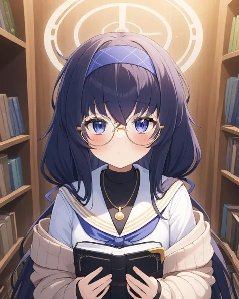 ui \(blue archive\),1girl, holding, bookshelf, book, holding_eyewear, halo, solo_focus, headpat, signature, glasses, cardigan, looking_at_viewer, white_sailor_collar, necklace, long_sleeves, eyewear_removed, light_particles, pov_hands, closed_mouth, blush, 1boy, serafuku, out_of_frame, neckerchief, indoors, blue_hairband, sweater
<lora:ui_(blue_archive)_image2537_2023-11-28:1>halo. gorgeous,key visual, vibrant, studio anime,award-winning, professional, highly detailed,high budget, cinemascope