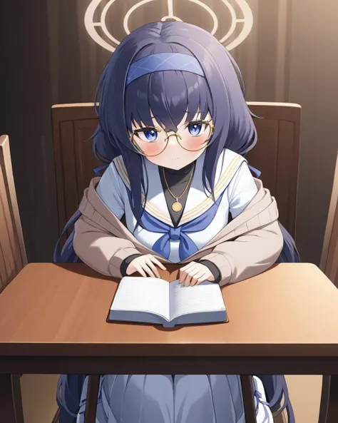 ui \(blue archive\),1girl, halo, solo, blush, glasses, spoken_blush, blue_neckerchief, blue_hairband, sailor_collar, looking_at_viewer, table, long_sleeves, necklace, holding_book, sweater, sitting, eyewear_strap, white_serafuku, black_undershirt, closed_mouth, grey_cardigan, chair, white_skirt, ribbon
<lora:ui_(blue_archive)_image2537_2023-11-28:1>halo. gorgeous,key visual, vibrant, studio anime,award-winning, professional, highly detailed,high budget, cinemascope