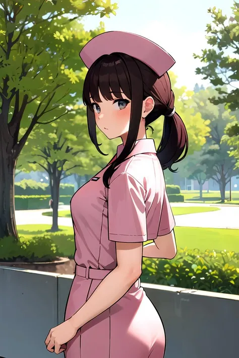 (masterpiece, best quality, high resolution), 1girl, bwnurse, nurse, nurse cap, ponytail, public park <lora:BWNurse:0.6>
