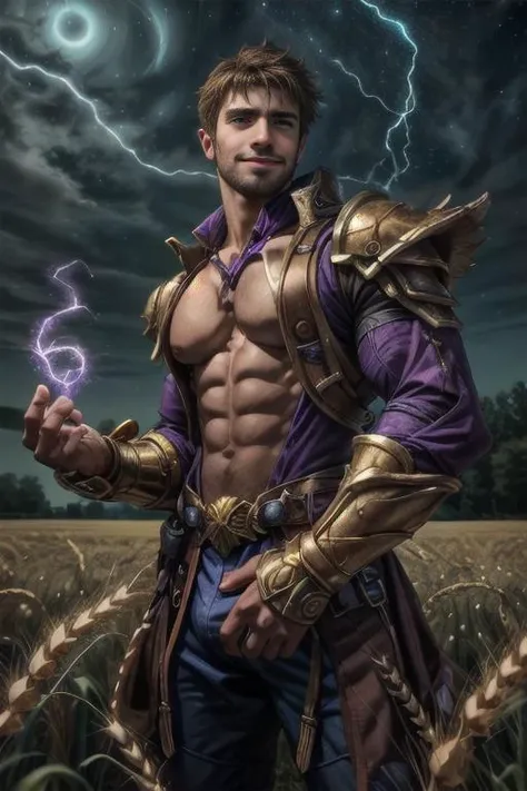 Disney style, (masterpiece), HD, 8K, detailed face, expressive eyes, perfect face, high quality, 1man, looks like Manuel Kornisiuk, fractal gauntlets, electriciy eyes, detailed crotch bulge, exposed chest, body hair, hairy chest, wizard casting a spell and purple electricity body, detailed background, depth of field, night, detailed cosmic sky, wheat field, outdoors, manuelkornisiuk person, smiling,
 <lora:manuelkornisiuk_47700:1> <lora:Clothing - Fractal Fairy Armor:0.4>