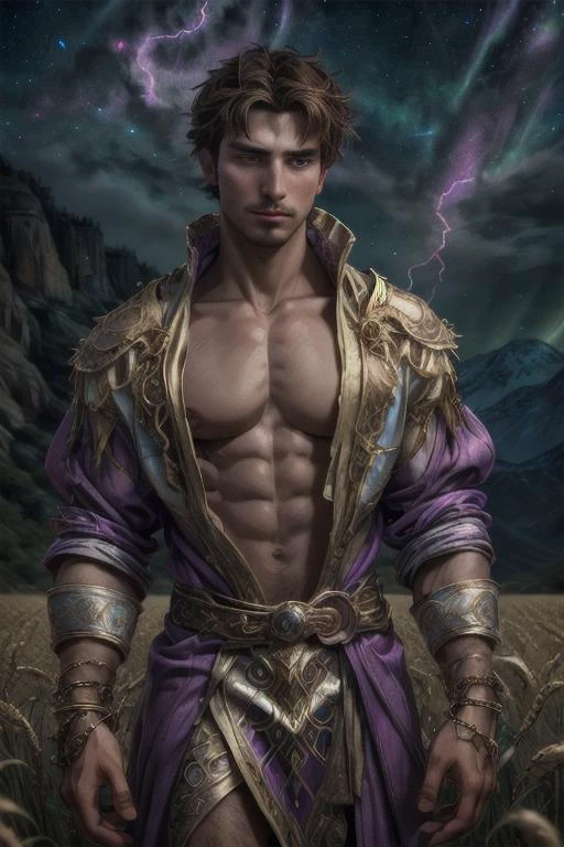 Disney style, (masterpiece), HD, 8K, detailed face, expressive eyes, perfect face, high quality, 1man, looks like Manuel Kornisiuk, spellcaster, short hair, detailed brown hair, naked, purple clothes, fractal wizard robes, fractal bracelets, exposed chest, detailed background, depth of field, night, detailed starry sky, wheat field, outdoors, distant mountains, manuelkornisiuk person, cocky expression, looking at viewer, casting a spell, dynamic composition, holding purple lightning from fingers, purple magic, purple eyes, purple lightning, fr4ctal4rmor,
<lora:manuelkornisiuk_47700:1> <lora:Clothing - Fractal Fairy Armor:0.6>, <lora:T2:1>