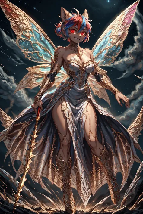 TinkerWaifu, single hair bun,fairy wings, in the air, savage grin, glowing red eyes, (perfect eyes),
flying, full body, perfect hourglass body,
strapless dress, menacing gesture, spear in hand,
(masterpiece:1.2), (highly detailed:1.2), (intricate:1.2), (best quality:1.2),(8k:1.2),
cinematic light, vivid colors
tropical island, volcano, clear summer night,
<lora:tinkerbell_character:0.7> <lora:Clothing - Fractal Fairy Armor:1>multi colored fr4ctal4rmor, multi colored wings