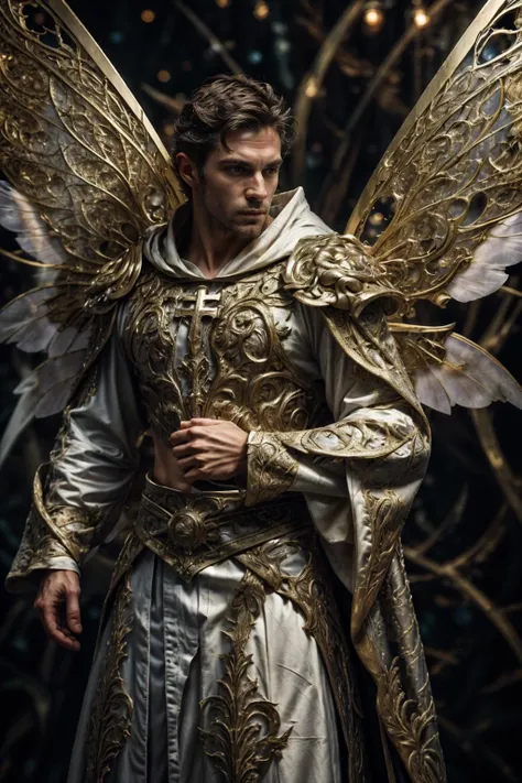 realistic, masterpiece, intricate details, detailed background, depth of field, photo of a handsome (european man), fr4ctal4rmor, wearing fractal priest robe, (dynamic pose), ((fighting stance)), wings, fantasy background, cinematic composition, sharp focus, side view, close up, cross,