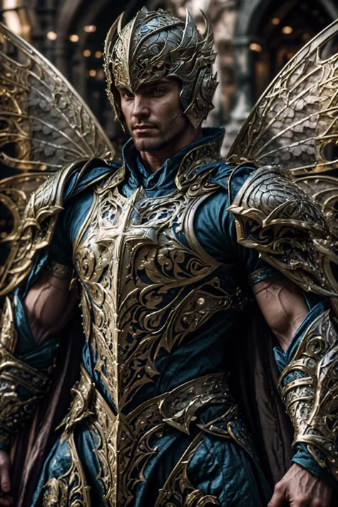 realistic, masterpiece, intricate details, detailed background, depth of field, photo of a handsome (european man), fr4ctal4rmor, wearing fractal barbarian armor, ((dynamic pose)), fighting stance, wings, fantasy background, cinematic composition, sharp focus, harness, pectorals, abs, thighs,