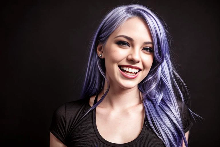 ((bailey_jay)), real scene, atmospheric, masterpiece, best quality, (detailed skin texture, ultra detailed body), 1 girl, alone, breasts, long hair, smile, blurred background, tank top, full body view, blurry, teeth, purple hair, lips, white tank top, open mouth, shirt,