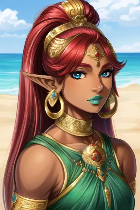 ((best quality)), ((highly detailed)), masterpiece, detailed face, beautiful face, (detailed eyes, deep eyes), (1girl), full body, <lora:hairdetailer:1>, <lora:Gerudo:.7>, gerudo, long hair, red hair, (dark skin), big nose, green lips, lipstick, abs, gold jewelry, cyan clothes, outside, in a desert