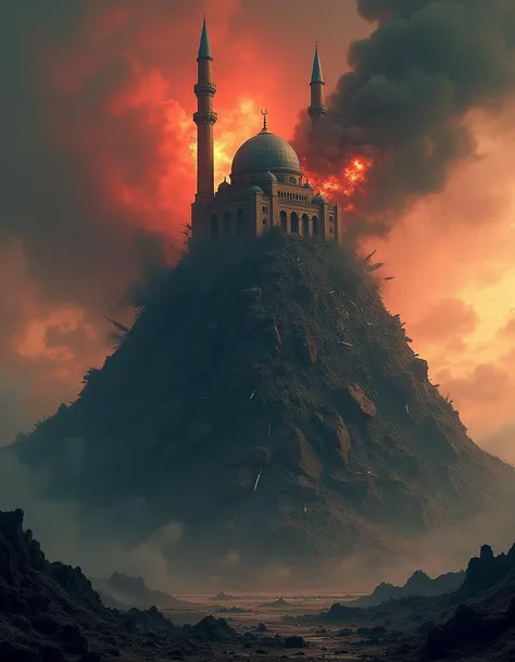 Design an apocalyptic scene featuring a mosque atop a mountain made entirely of bombs, missiles, and various weapons. The mosque is partially crumbling, with dark clouds swirling around it, casting an eerie, ominous atmosphere. The weapons beneath it form jagged, chaotic layers, creating a sharp contrast with the mosqueâs intricate architecture. The sky is filled with fiery hues of red and orange, hinting at a world on the brink of destruction. Smoke rises from the mountain, and the landscape below is desolate, filled with shadows and debris