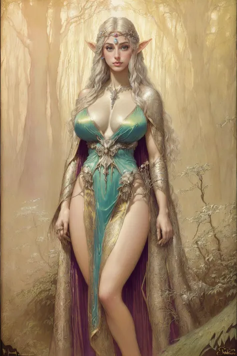 full body (RAW photo, film grain, gorgeous attractive photogenic elven princess, large breasts, big lips, silver hair:1.4), (fantasy forest at dusk:1.3), (sexy, gossamer robe:1.2), pores, (moles:0.7), (freckles:0.6), detailed, lifelike, real, (Charles Maurice Detmold, Vincent Di Fate, Jean Delville, Henri-Edmond Cross:1.4)