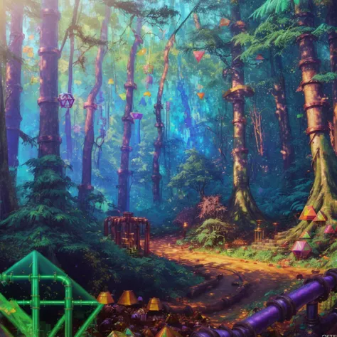 landscape of a (dense forest in shangri la, trees made out of metal pipes and candy, geometric figures, polygons:1.3), (vaporwave oil painting:1.3) dreamy glow, extraterrestrial, (bokeh:1.2), dof, (Realistic, realism, hd, 35mm photograph, 8k)