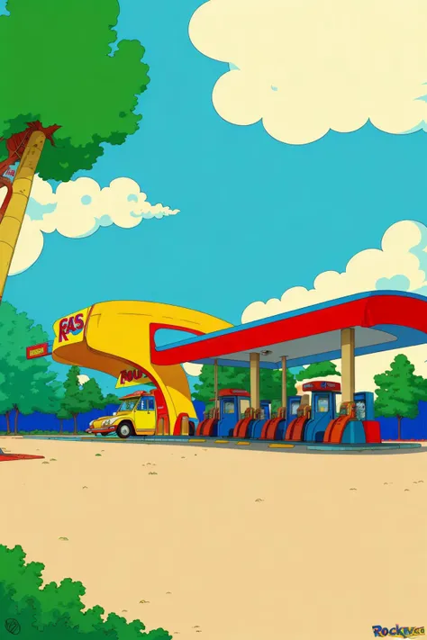 (gas station in the style of Rocko's modern life:1.3), cars, gas pumps, wacky, whimsical, exaggerated proportions, (flat shading:1.2)