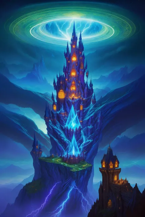 an unfathomably incomprehensibly large magical castle on top of a mountain peak, swirls of geometric light and magic, bats, night, lightning, unfathomable geometry, duncan fegredo, patrick woodroffe, fantasy art, (highly detailed)