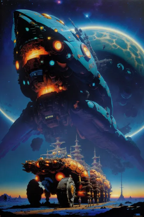 1980s dark fantasy (anime:1.2) (incomprehensible:1.3) mechanical celestial armada of the (unfathomable:1.3) dawn, grand scale, realm of the celestial gods, (fleet of massive spaceships shaped like robots:1.3), timeless futuristic (awe-inspiring:1.3), (hyperrealistic, best quality:1.3), (basil gogos, Clyde Caldwell, Chesley Bonestell:1.3), film grain, dramatic lighting