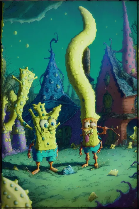 full body (RAW photo, film grain, (cinestill 800) of (spongebob):1.4), (farm at dusk:1.2), detailed, lifelike, real, (tim burton, tex avery, dr. seuss, style of spongebob squarepants, style of bloodborne:1.4)