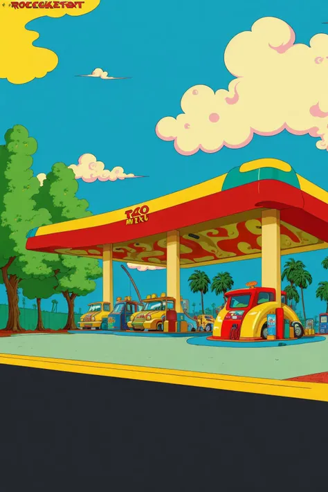 (gas station in the style of Rocko's modern life:1.3), cars, gas pumps, wacky, whimsical, exaggerated proportions, (flat shading:1.2)