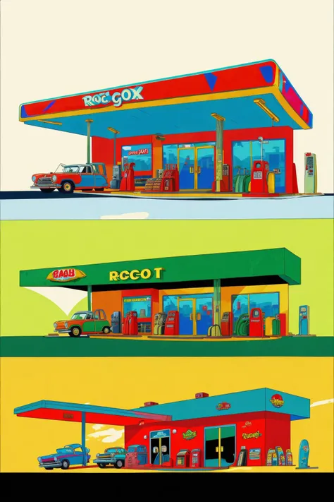 (gas station in the style of Rocko's modern life:1.3), cars, gas pumps, wacky, whimsical, exaggerated proportions, (flat shading:1.2)