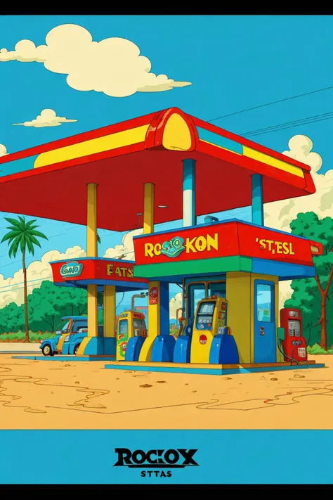 (gas station in the style of Rocko's modern life:1.3), cars, gas pumps, wacky, whimsical, exaggerated proportions, (flat shading:1.2)