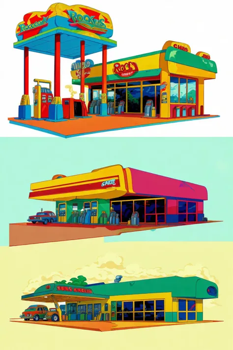 (gas station in the style of Rocko's modern life:1.3), cars, gas pumps, wacky, whimsical, exaggerated proportions, (flat shading:1.2)