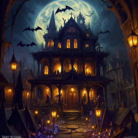 A creepy haunted house at midnight, with bats flying overhead and cobwebs covering the windows, spooky, Gothic, (masterpiece,detailed,highres), (clutter and stuff), (wow), (fantasy art), (Mark Keathley), (Mort Kunstler), (Josephine Wall), (Sylvain Sarraih), (Syd Mead), (Jordan Grimmer)