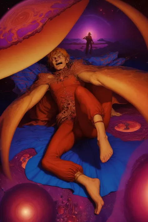 unfathomable world ending chaos as viewed from the perspective of a (delirious) omniscient entity during eternal slumber, Sid Mead, Moebius, (highly detailed)