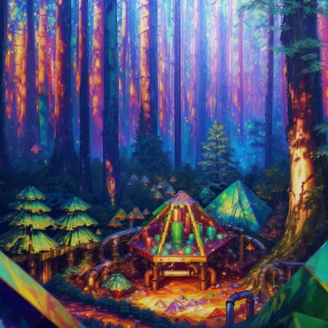 landscape of a (dense forest in shangri la, trees made out of metal pipes and candy, geometric figures, polygons:1.3), (vaporwave oil painting:1.3) dreamy glow, extraterrestrial, (bokeh:1.2), dof, (Realistic, realism, hd, 35mm photograph, 8k)