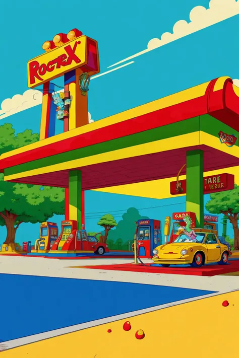 (gas station in the style of Rocko's modern life:1.3), cars, gas pumps, wacky, whimsical, exaggerated proportions, (flat shading:1.2)